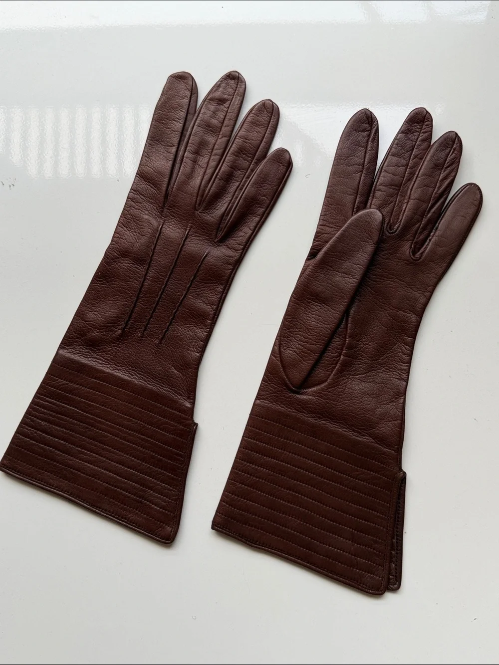 Prada Vintage Brown Leather Mid-Length Long Gloves (100% Silk Lining)